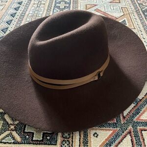 Rachel Parcell Dark Brown Wide Brim Wool Hat with Tan Leather Band